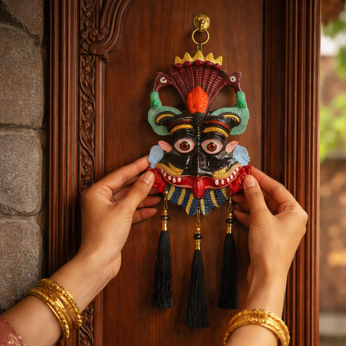 Kirtimukh Wall Hanging | NAZARBATTU |Narsingh face| Black Multicolour | With Tassel