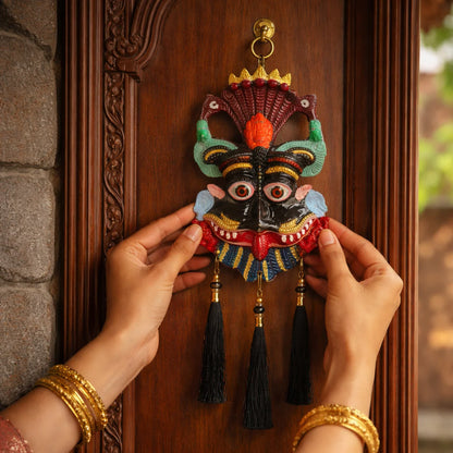 Kirtimukh Wall Hanging | NAZARBATTU |Narsingh face| Black Multicolour | With Tassel